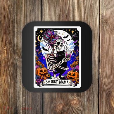 Spooky Mama Tarot Card Halloween Mom Skull Mama Black Cat Coaster