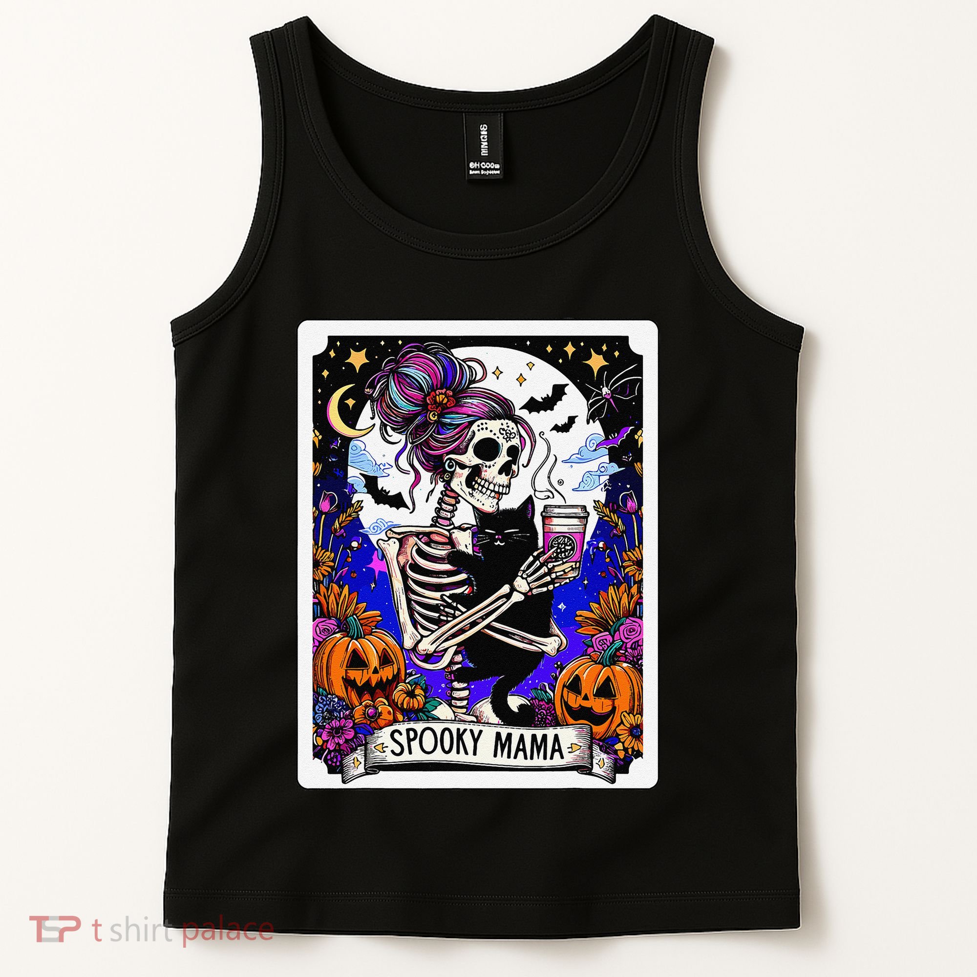 Spooky Mama Tarot Card Halloween Mom Skull Mama Black Cat Tank Top