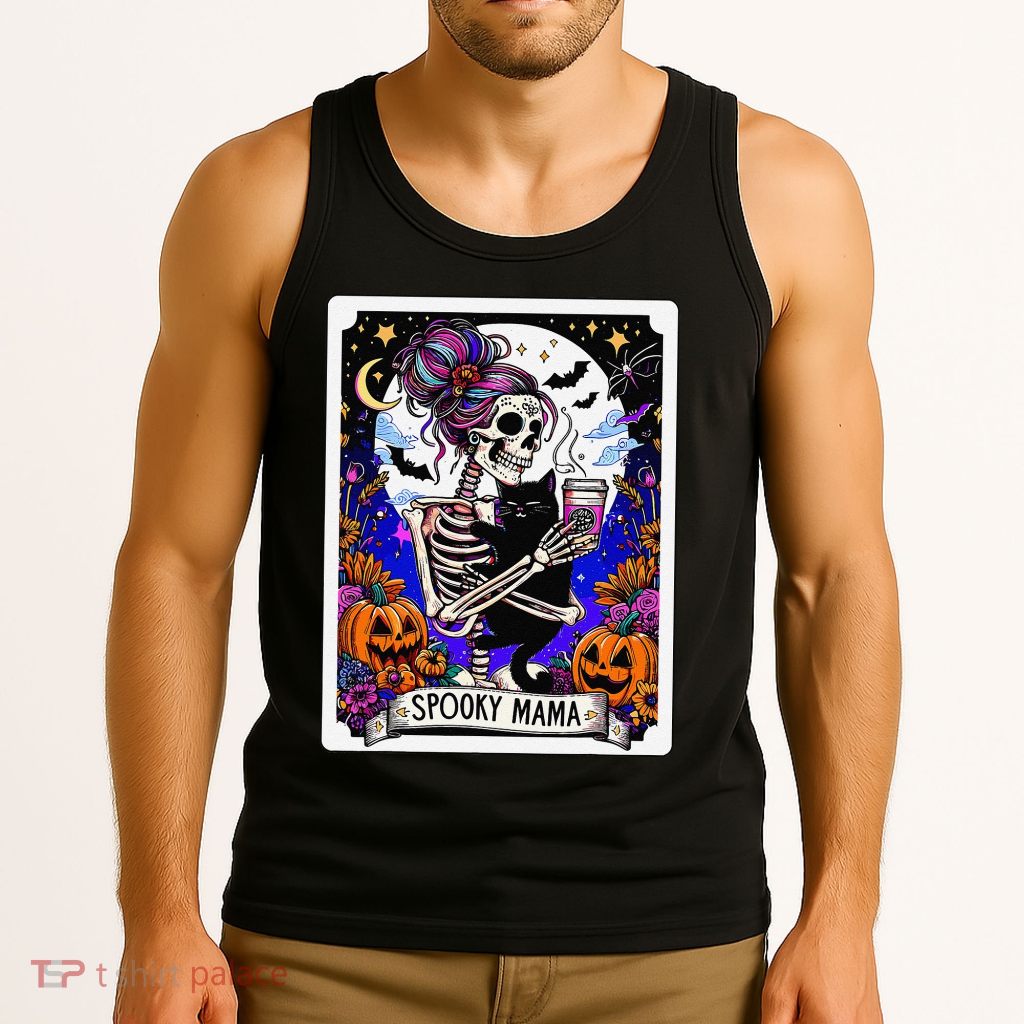 Spooky Mama Tarot Card Halloween Mom Skull Mama Black Cat Tank Top