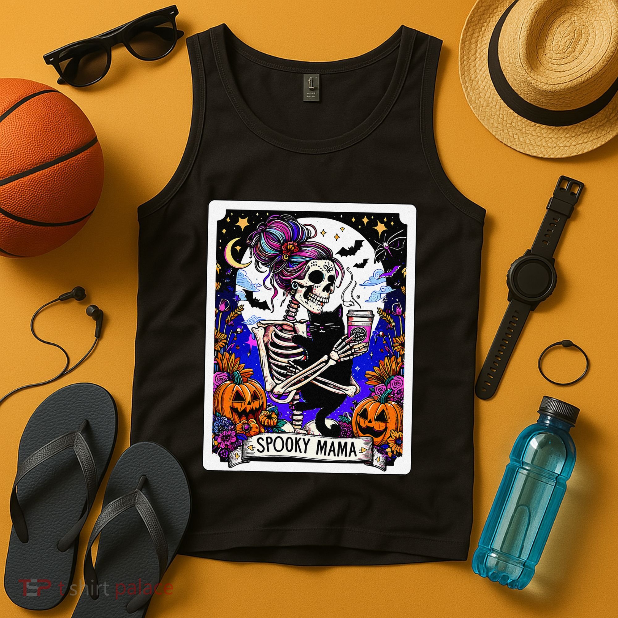 Spooky Mama Tarot Card Halloween Mom Skull Mama Black Cat Tank Top