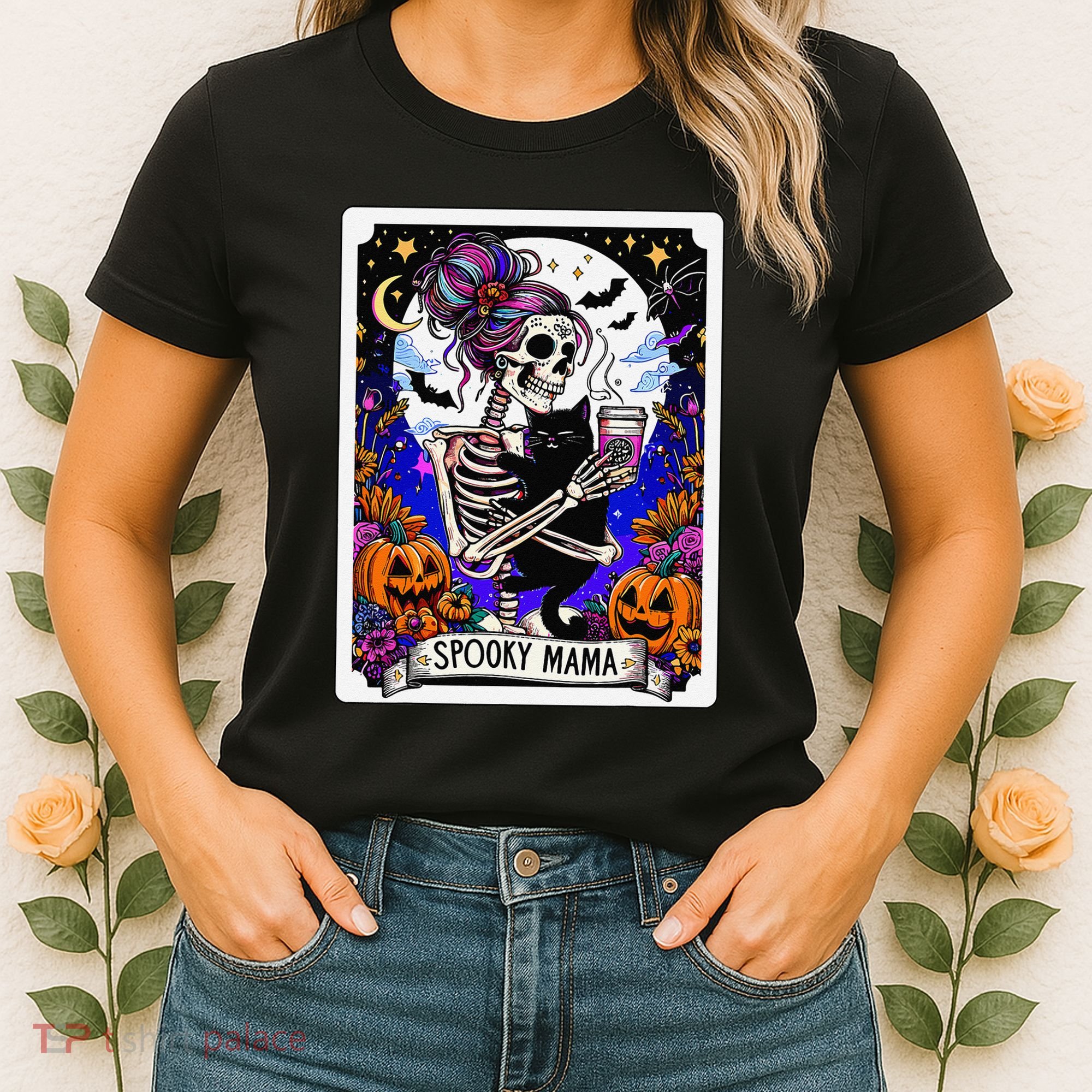 Spooky Mama Tarot Card Halloween Mom Skull Mama Black Cat Women's T-Shirt