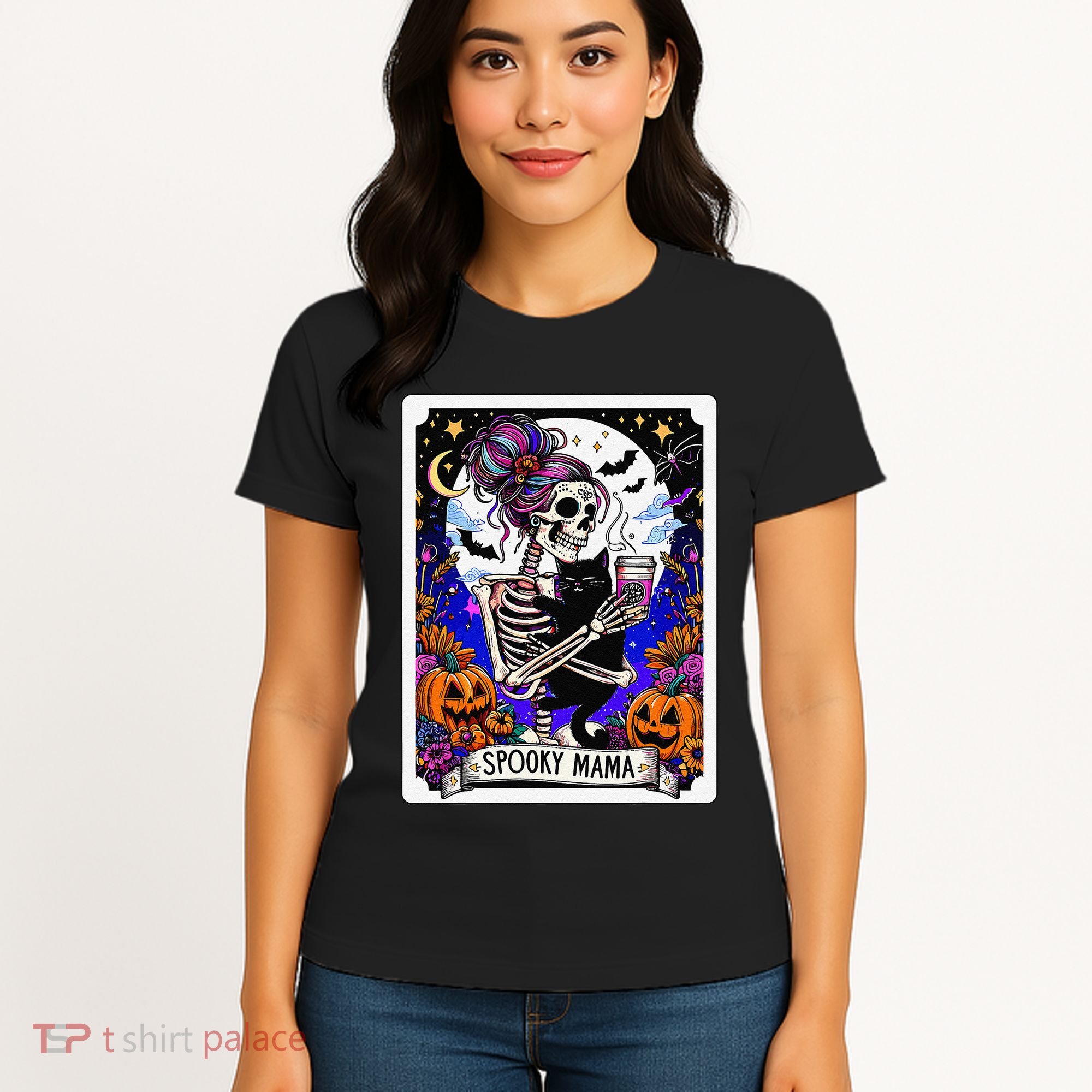 Spooky Mama Tarot Card Halloween Mom Skull Mama Black Cat Women's T-Shirt