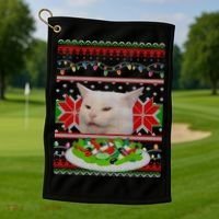 Smug Table Cat Meme Ugly Christmas Golf Towel thumb 1