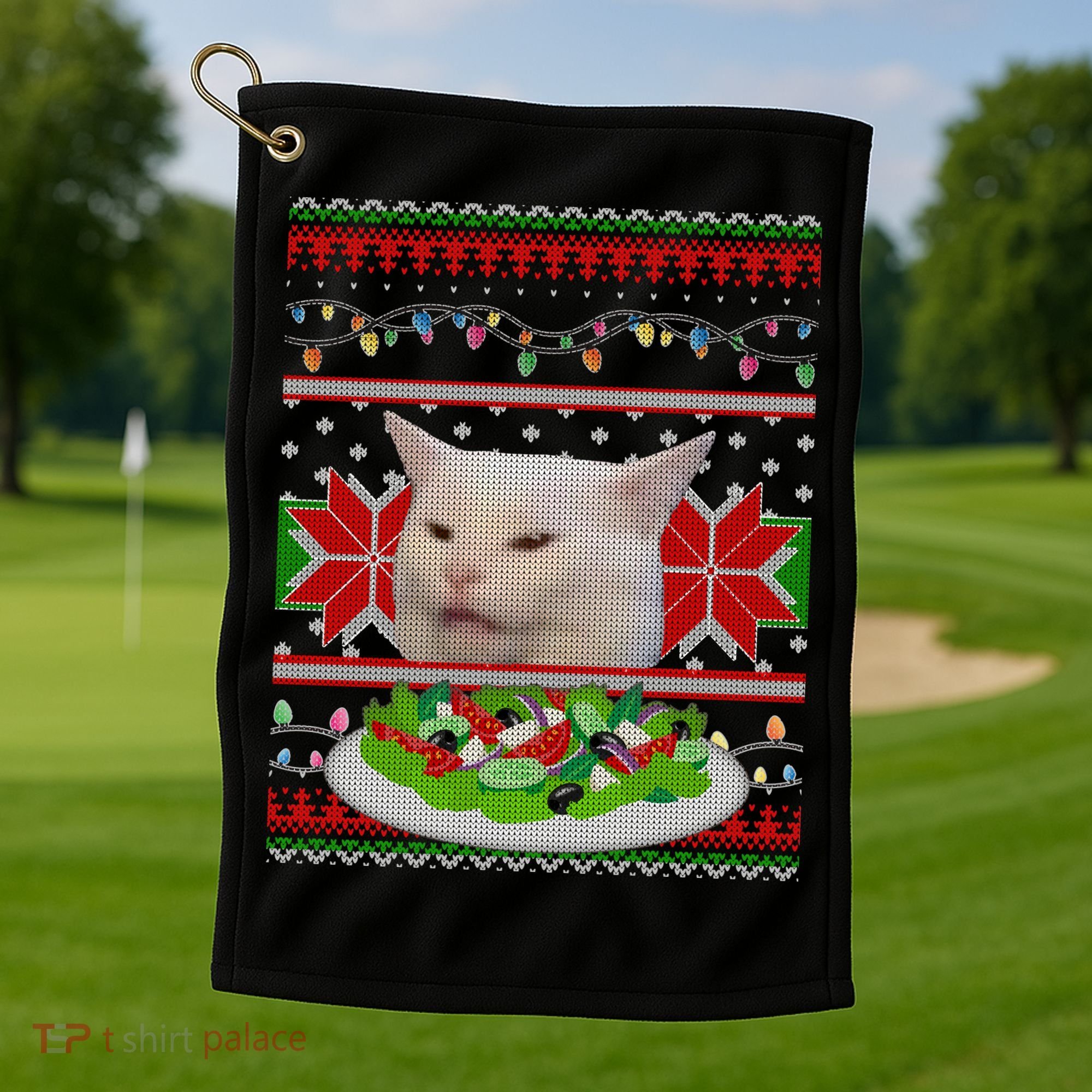 Smug Table Cat Meme Ugly Christmas Golf Towel