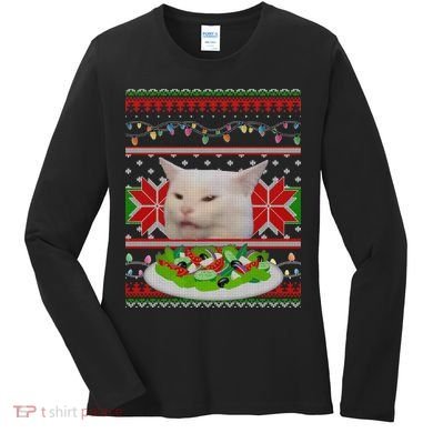 Smug Table Cat Meme Ugly Christmas Women's Long Sleeve Shirt