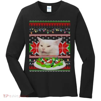 Smug Table Cat Meme Ugly Christmas Women's Long Sleeve Shirt