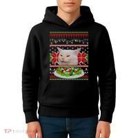 Smug Table Cat Meme Ugly Christmas Kids Hoodie thumb 4