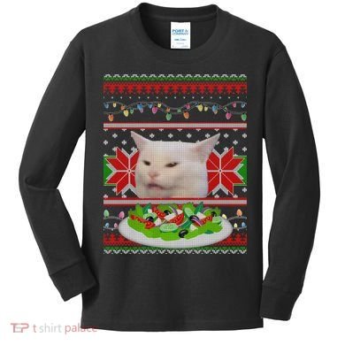 Smug Table Cat Meme Ugly Christmas Kids Long Sleeve Shirt