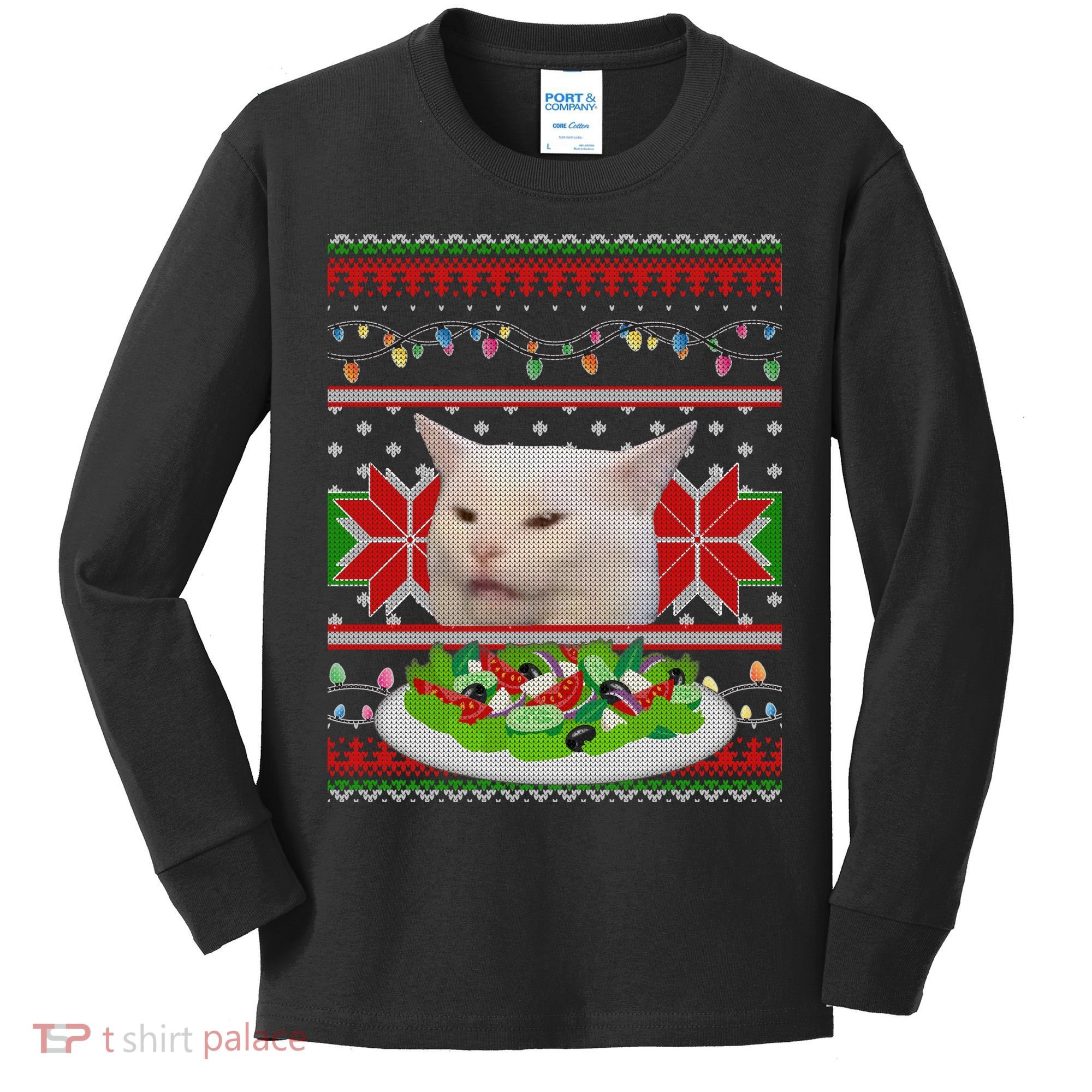 Smug Table Cat Meme Ugly Christmas Kids Long Sleeve Shirt