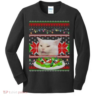 Smug Table Cat Meme Ugly Christmas Kids Long Sleeve Shirt