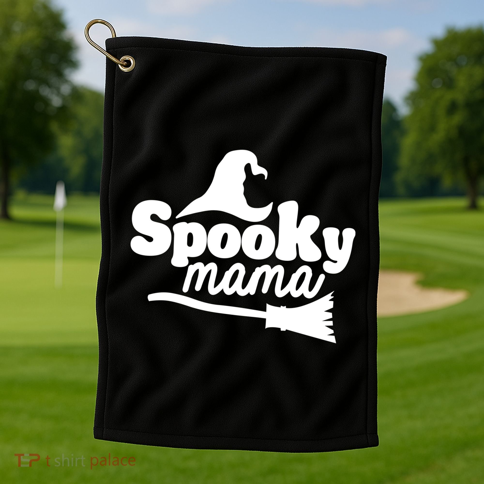 Spooky Mama Witch Broom Halloween Golf Towel