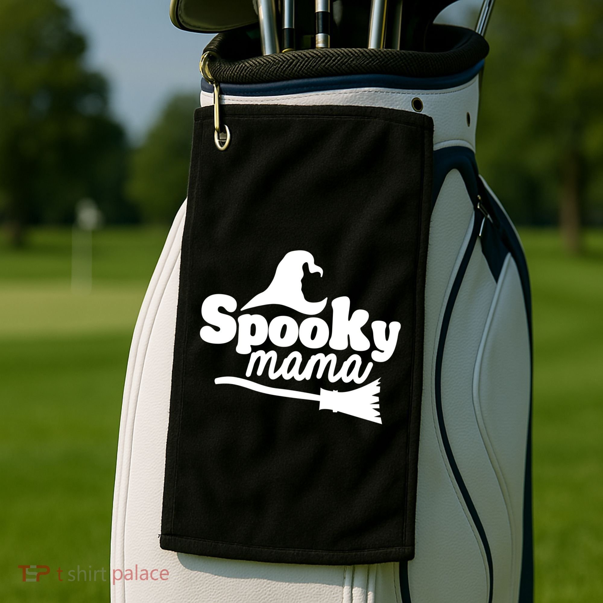 Spooky Mama Witch Broom Halloween Golf Towel