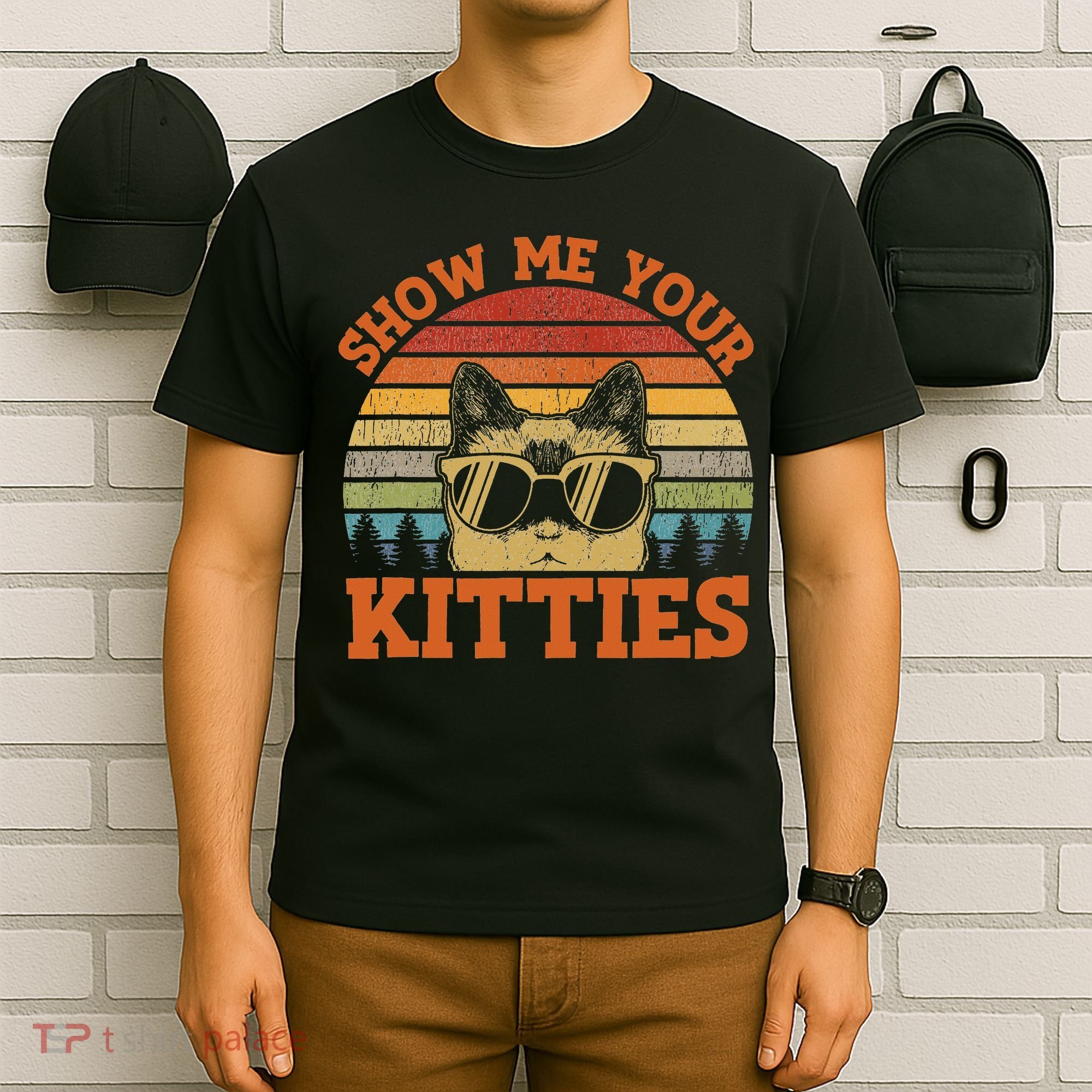 Show Me Your Kitties Funny Cat Lover Vintage Retro Sunset T-Shirt