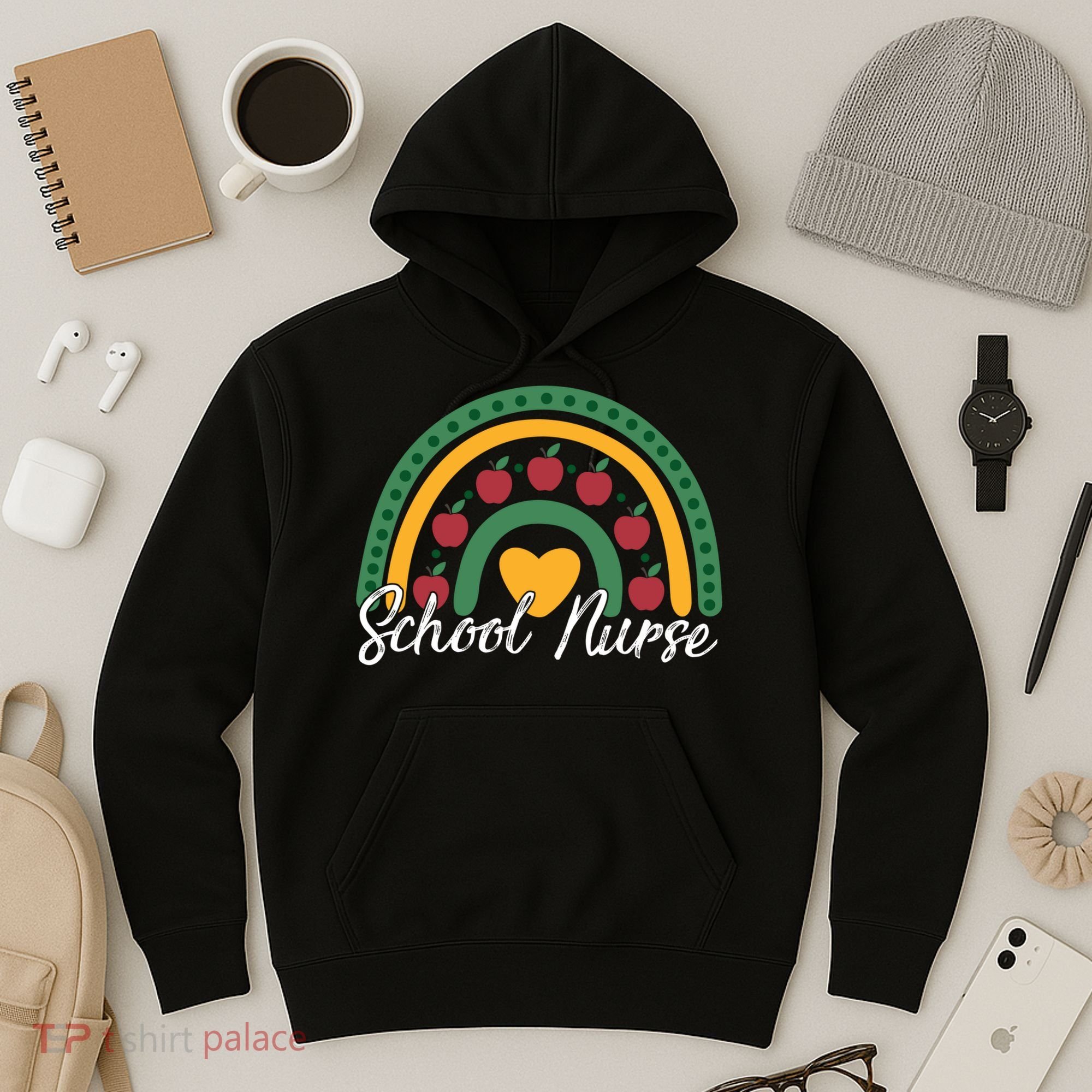 School Nurse Apple Rainbow Heart Hoodie