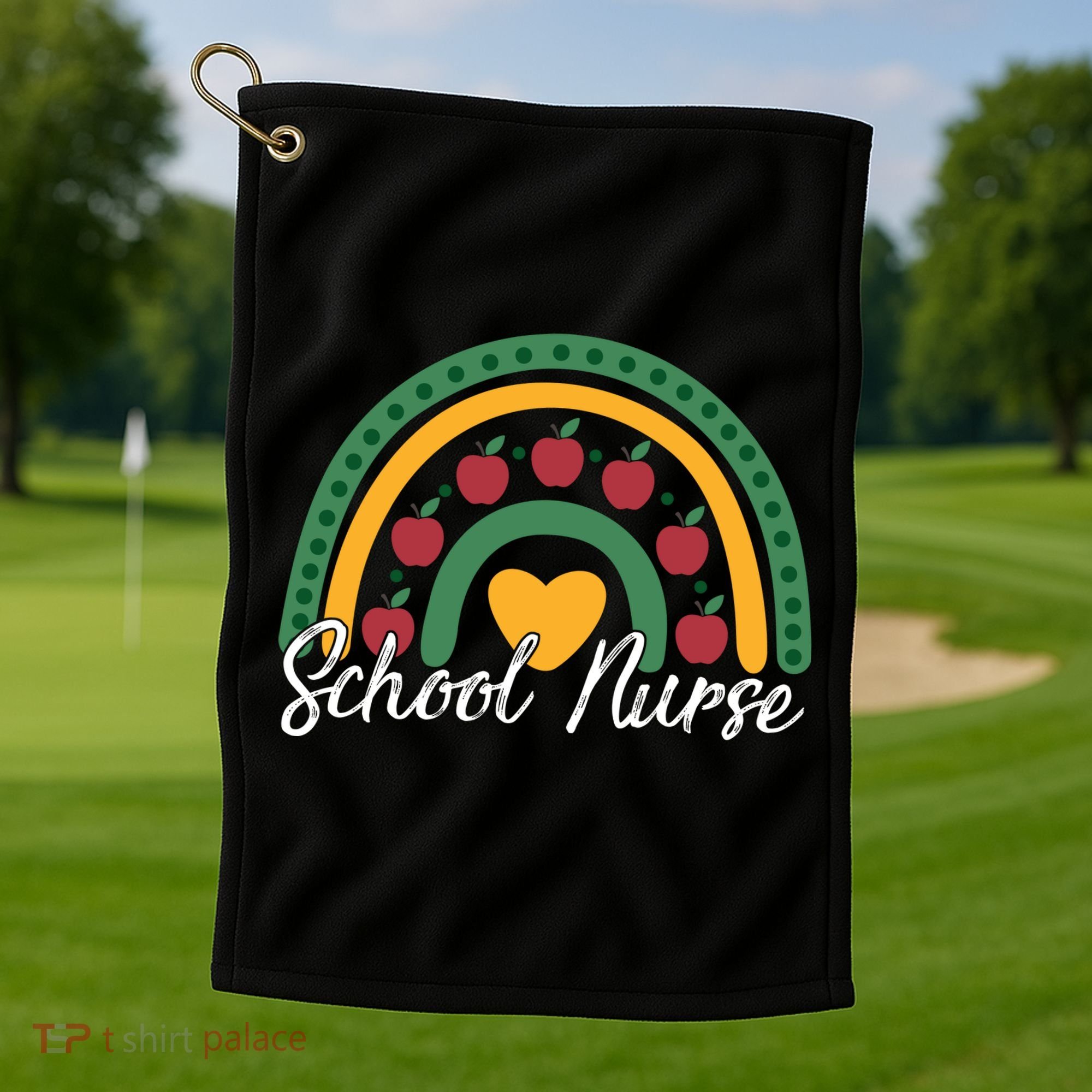 School Nurse Apple Rainbow Heart Golf Towel