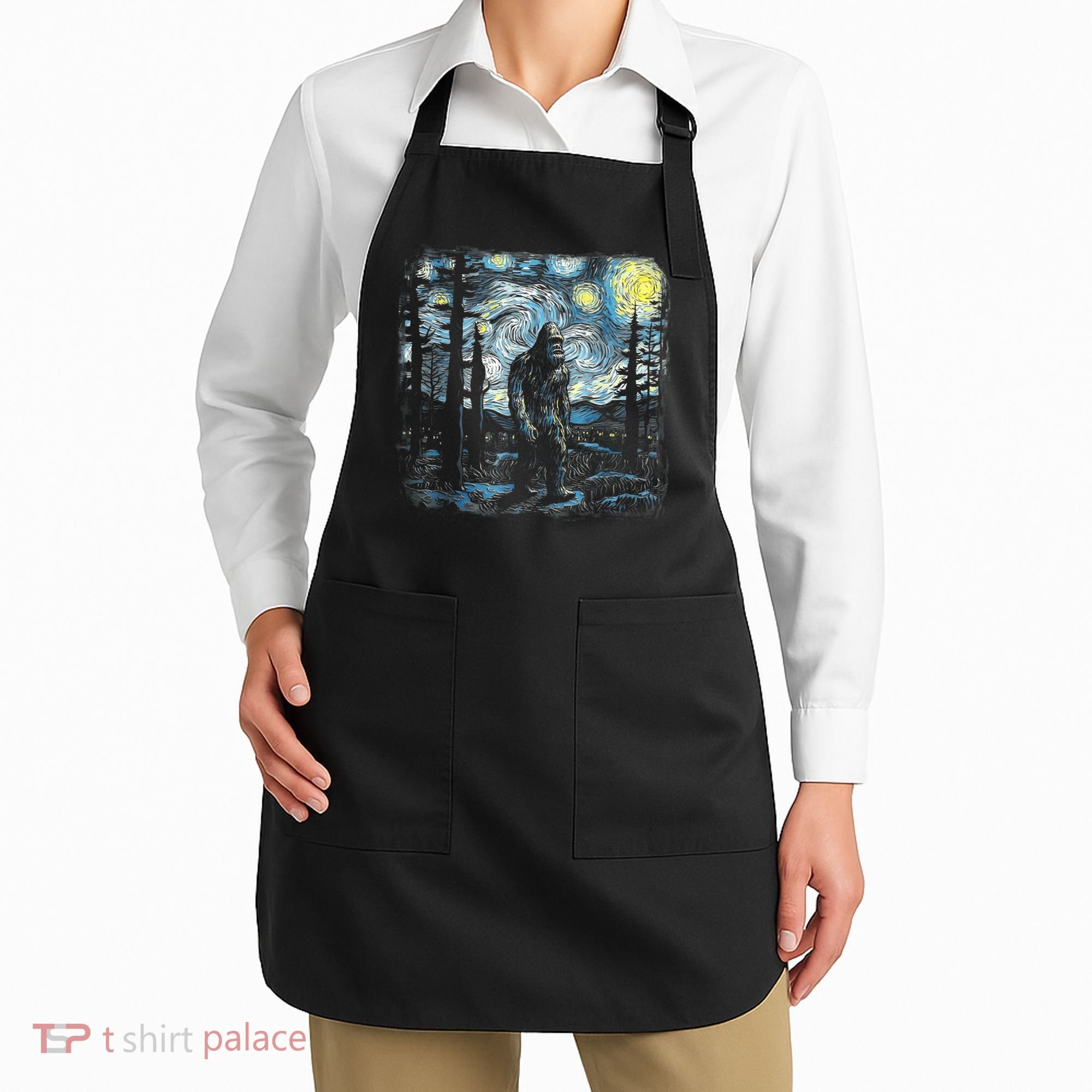 Starry Night Bigfoot Funny Sasquatch Van Gogh Apron