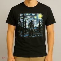 Starry Night Bigfoot Funny Sasquatch Van Gogh T-Shirt thumb 3