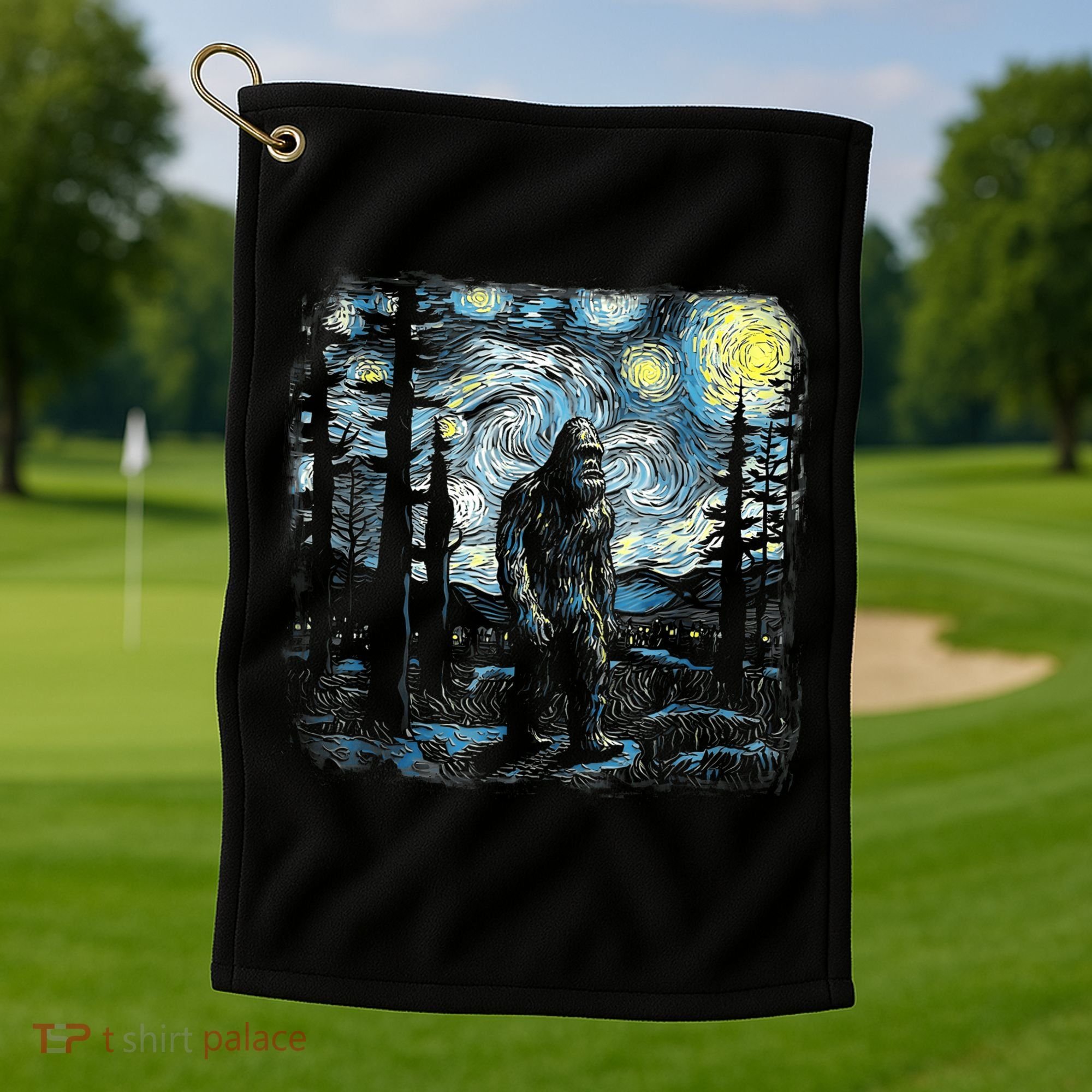 Starry Night Bigfoot Funny Sasquatch Van Gogh Golf Towel