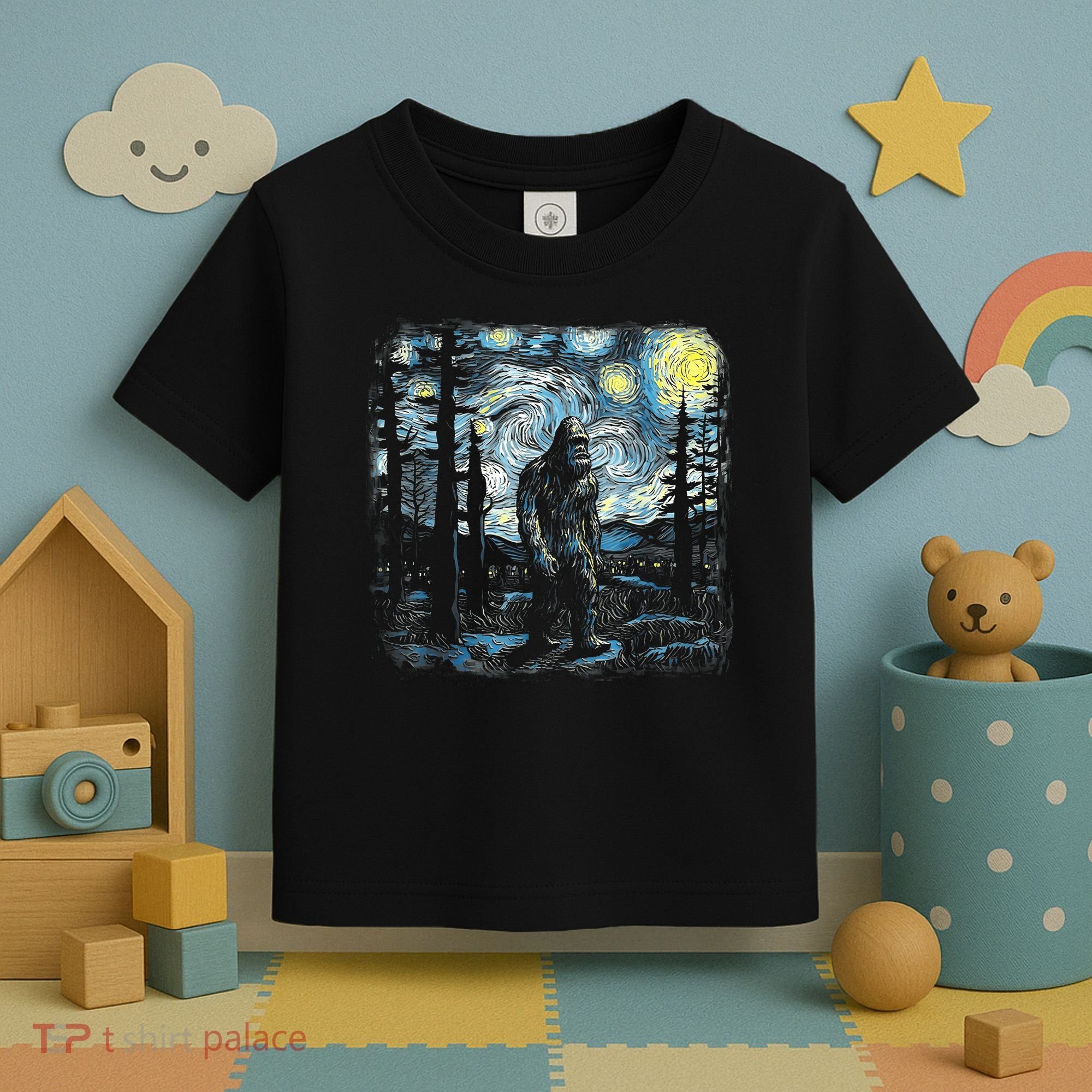 Starry Night Bigfoot Funny Sasquatch Van Gogh Toddler T-Shirt