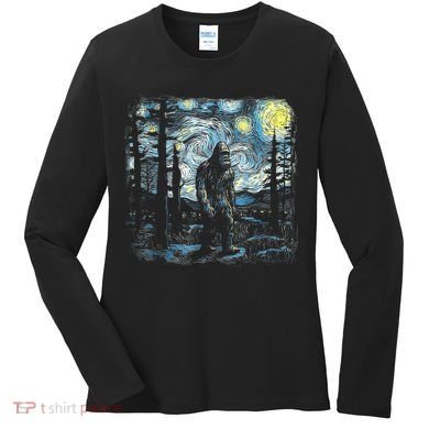 Starry Night Bigfoot Funny Sasquatch Van Gogh Women's Long Sleeve Shirt