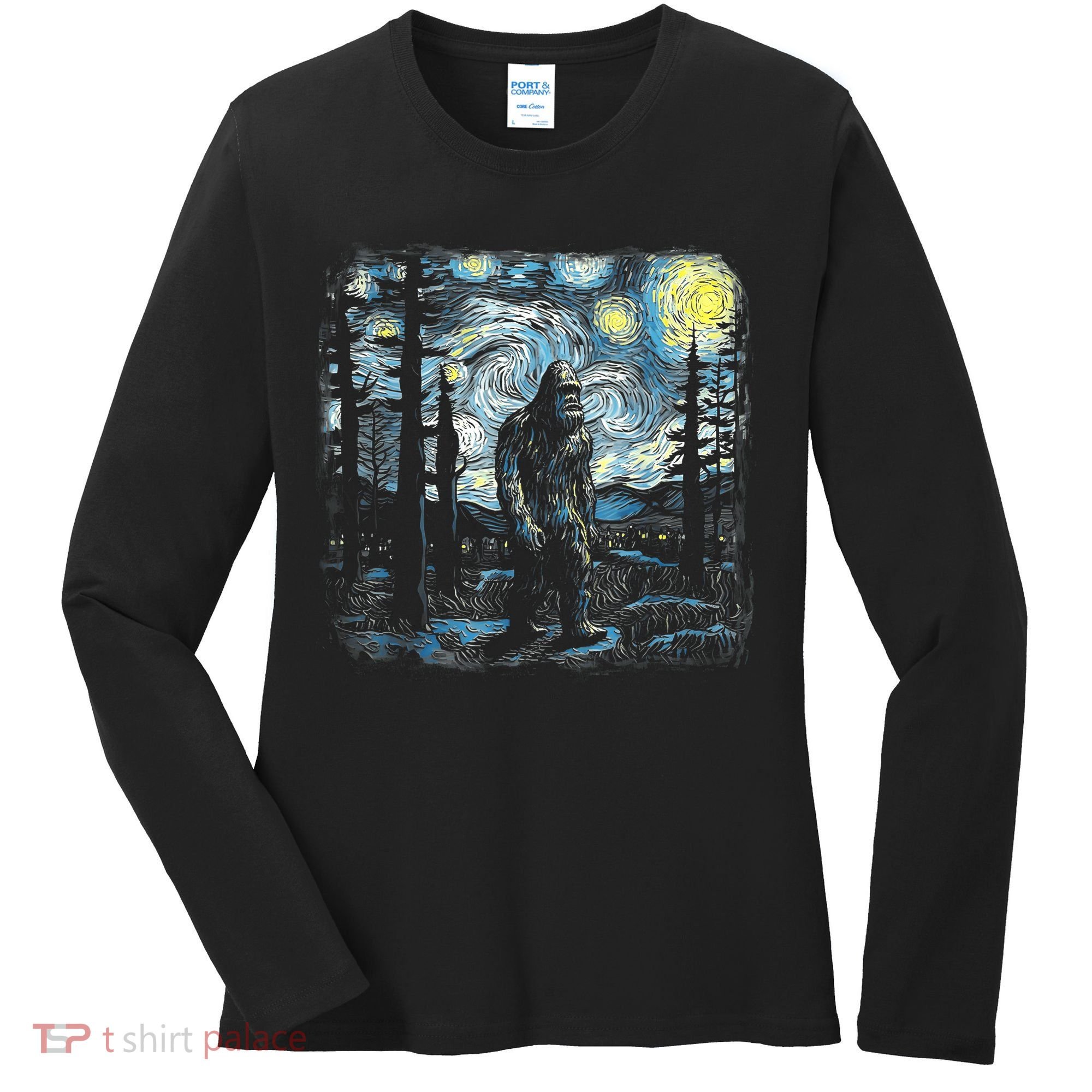 Starry Night Bigfoot Funny Sasquatch Van Gogh Women's Long Sleeve Shirt