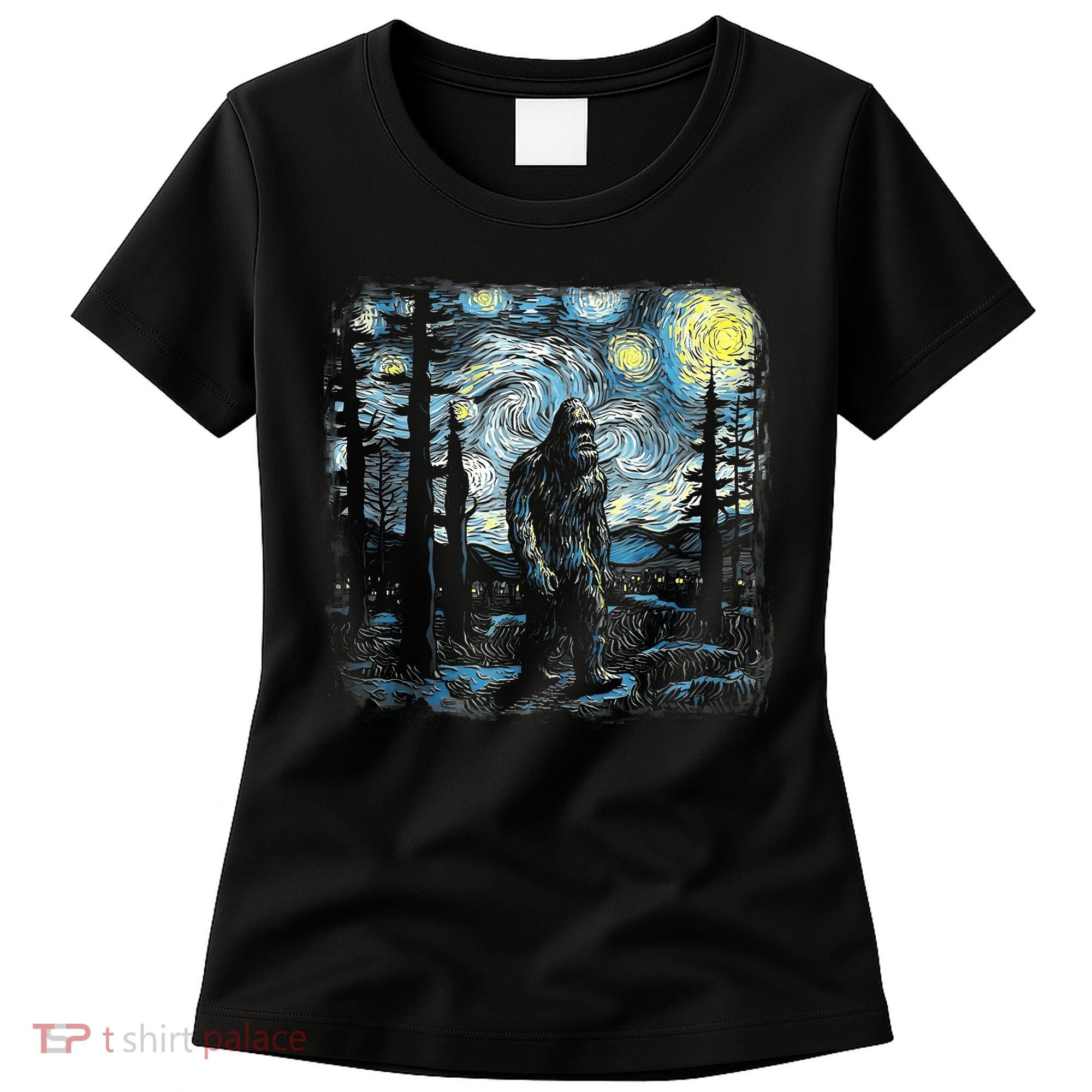 Starry Night Bigfoot Funny Sasquatch Van Gogh Women's T-Shirt