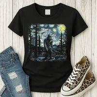 Starry Night Bigfoot Funny Sasquatch Van Gogh Women's T-Shirt thumb 3