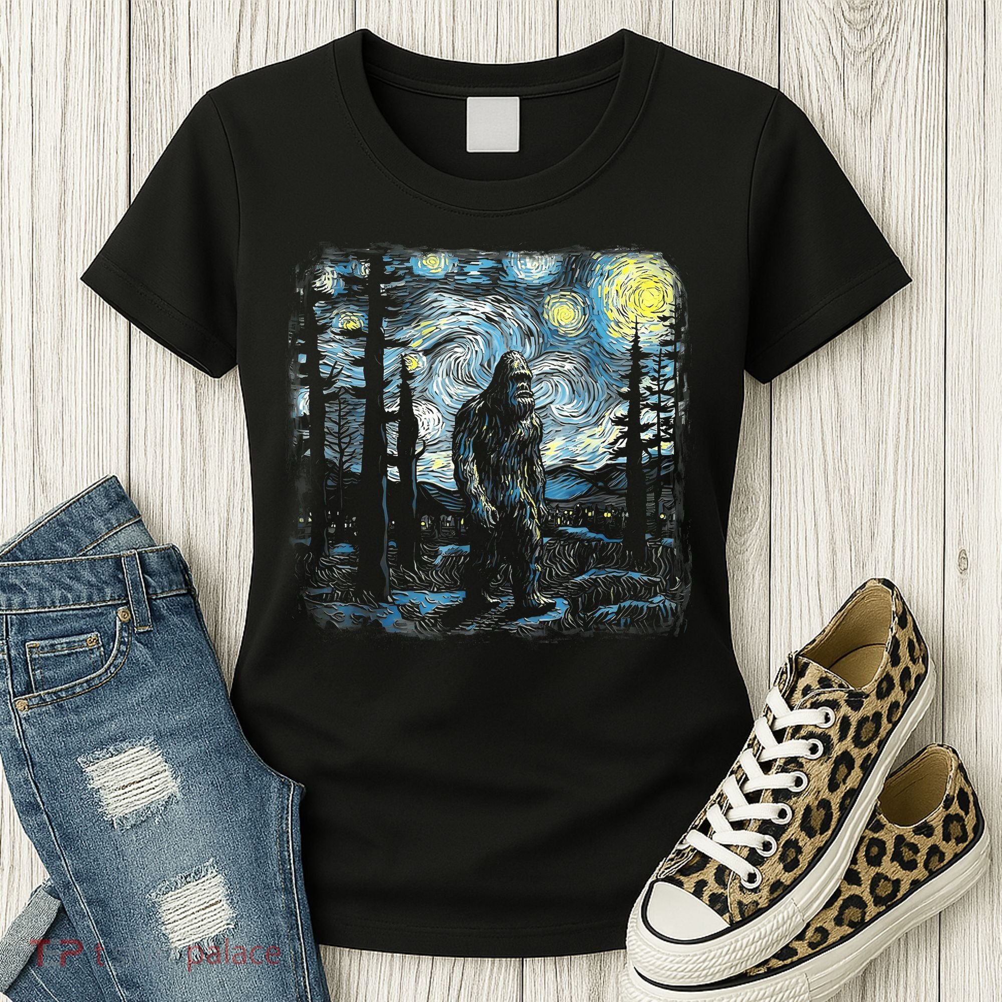 Starry Night Bigfoot Funny Sasquatch Van Gogh Women's T-Shirt