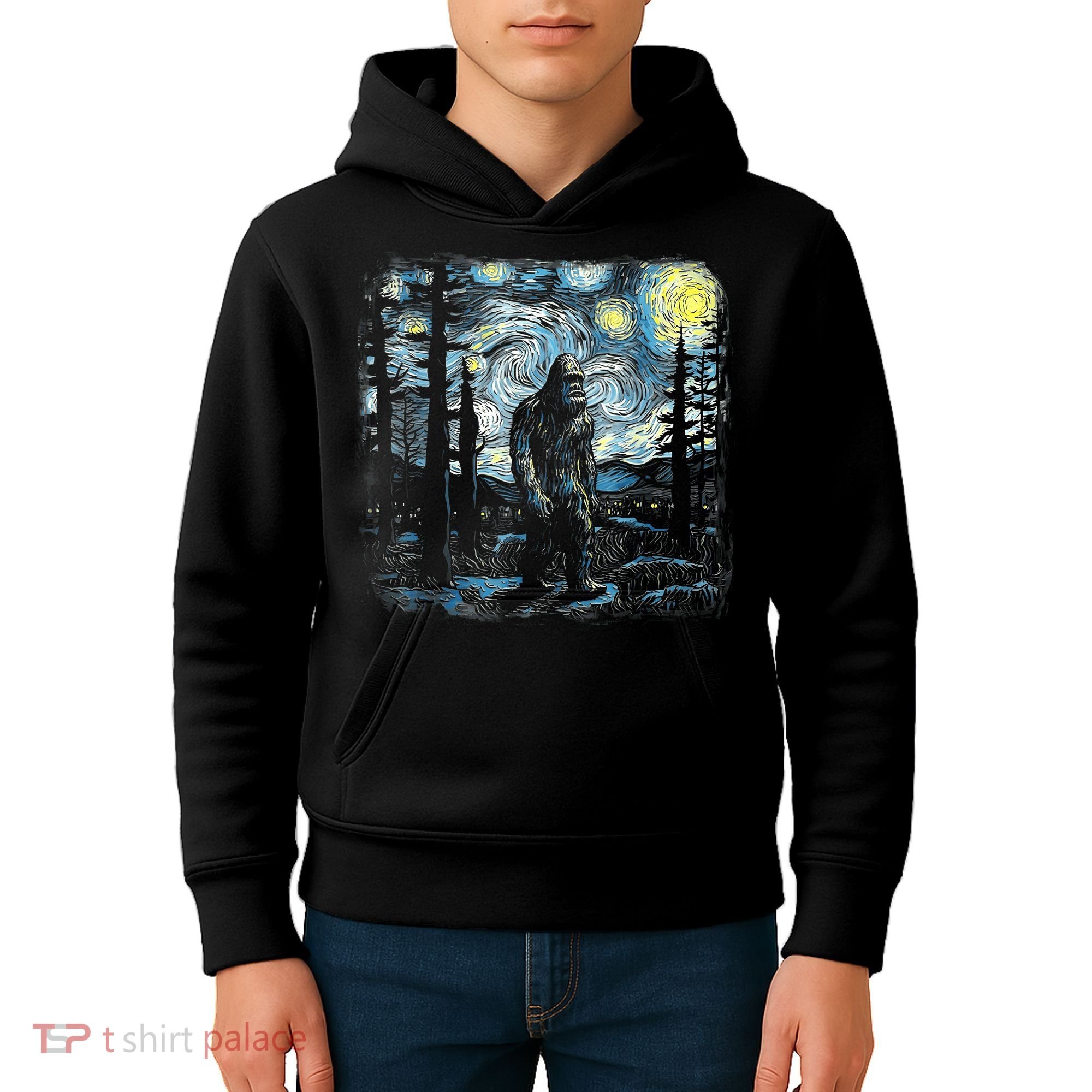 Starry Night Bigfoot Funny Sasquatch Van Gogh Kids Hoodie