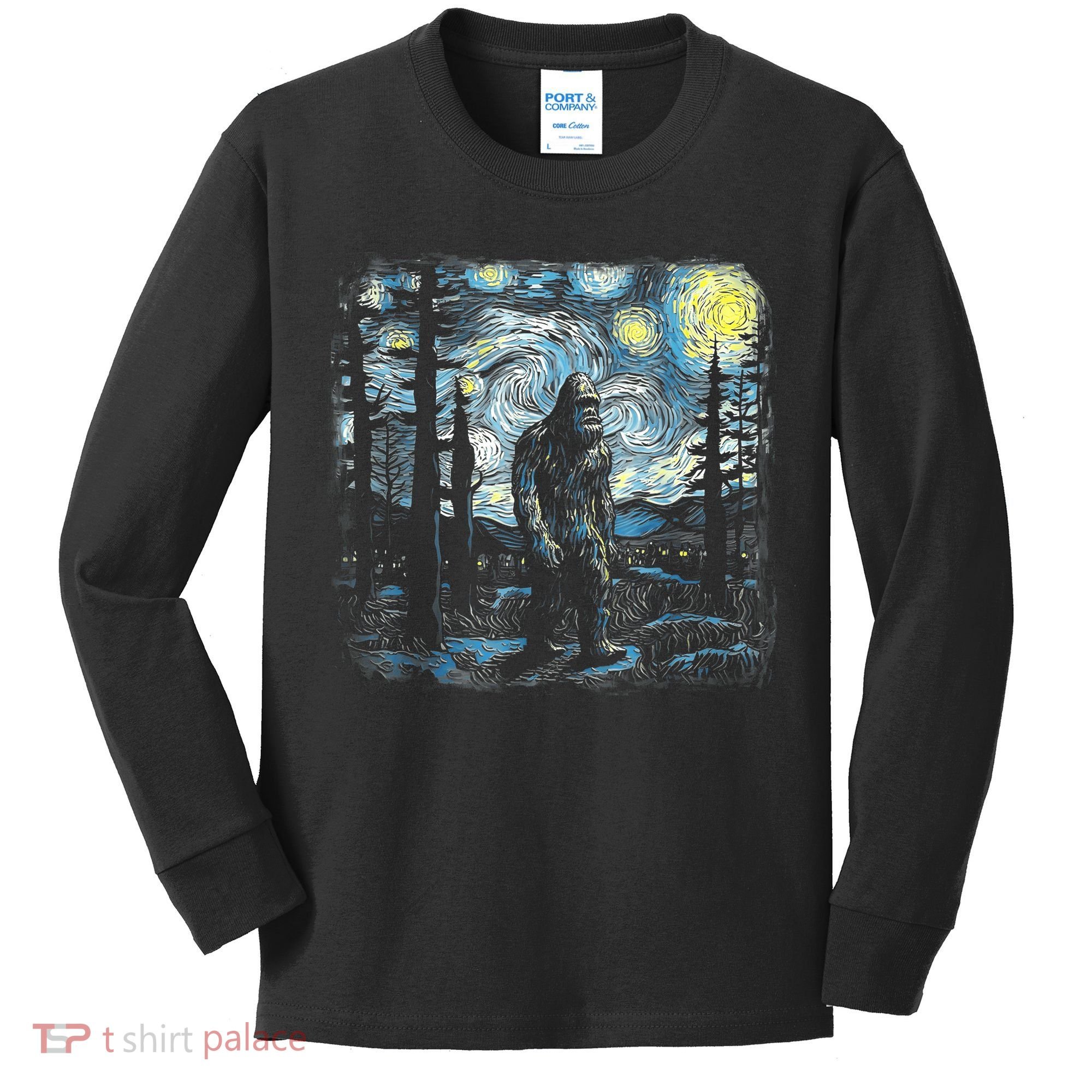 Starry Night Bigfoot Funny Sasquatch Van Gogh Kids Long Sleeve Shirt