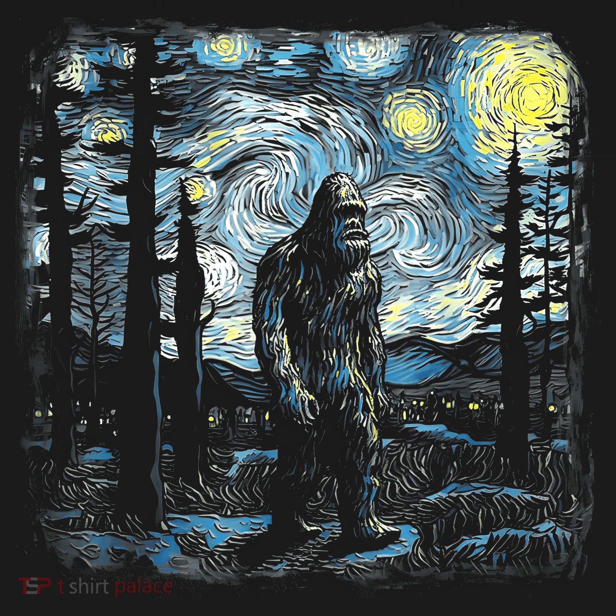 Starry Night Bigfoot Funny Sasquatch Van Gogh Kids T-Shirt