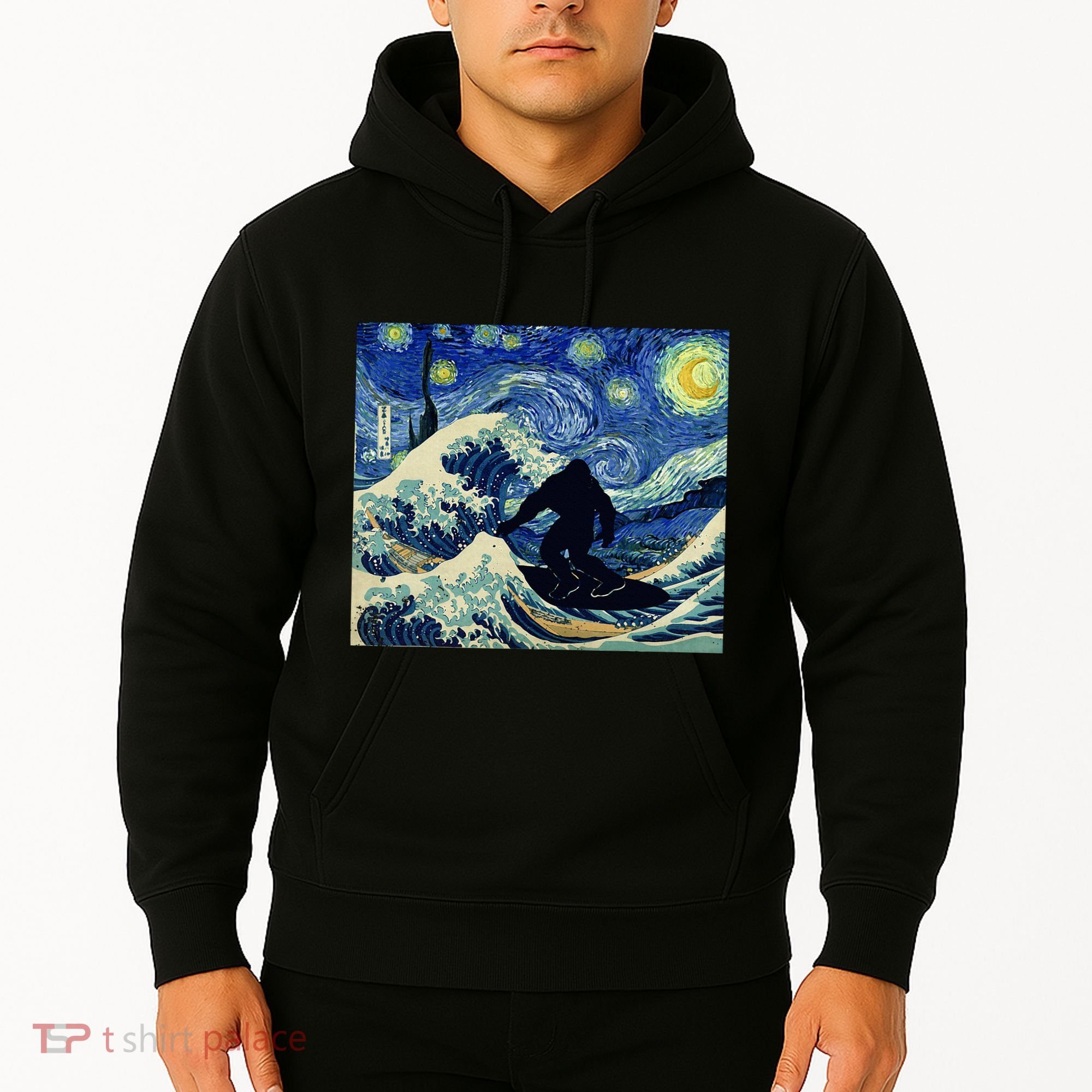 Starry Night Bigfoot Surfing Great Wave Off Kanagawa Hoodie