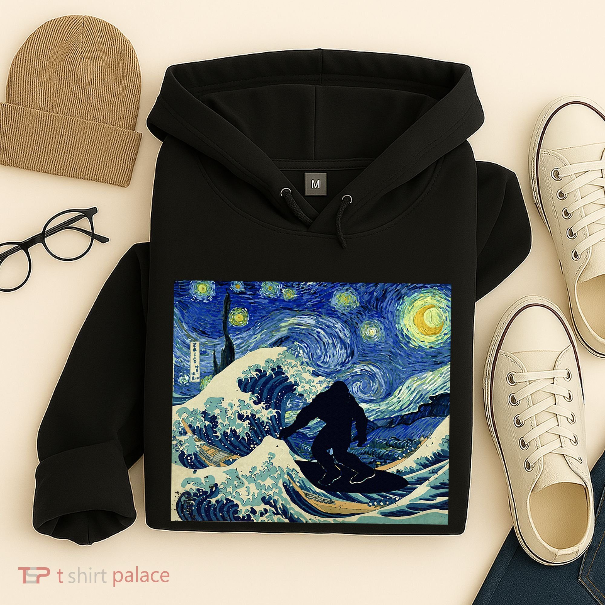 Starry Night Bigfoot Surfing Great Wave Off Kanagawa Hoodie