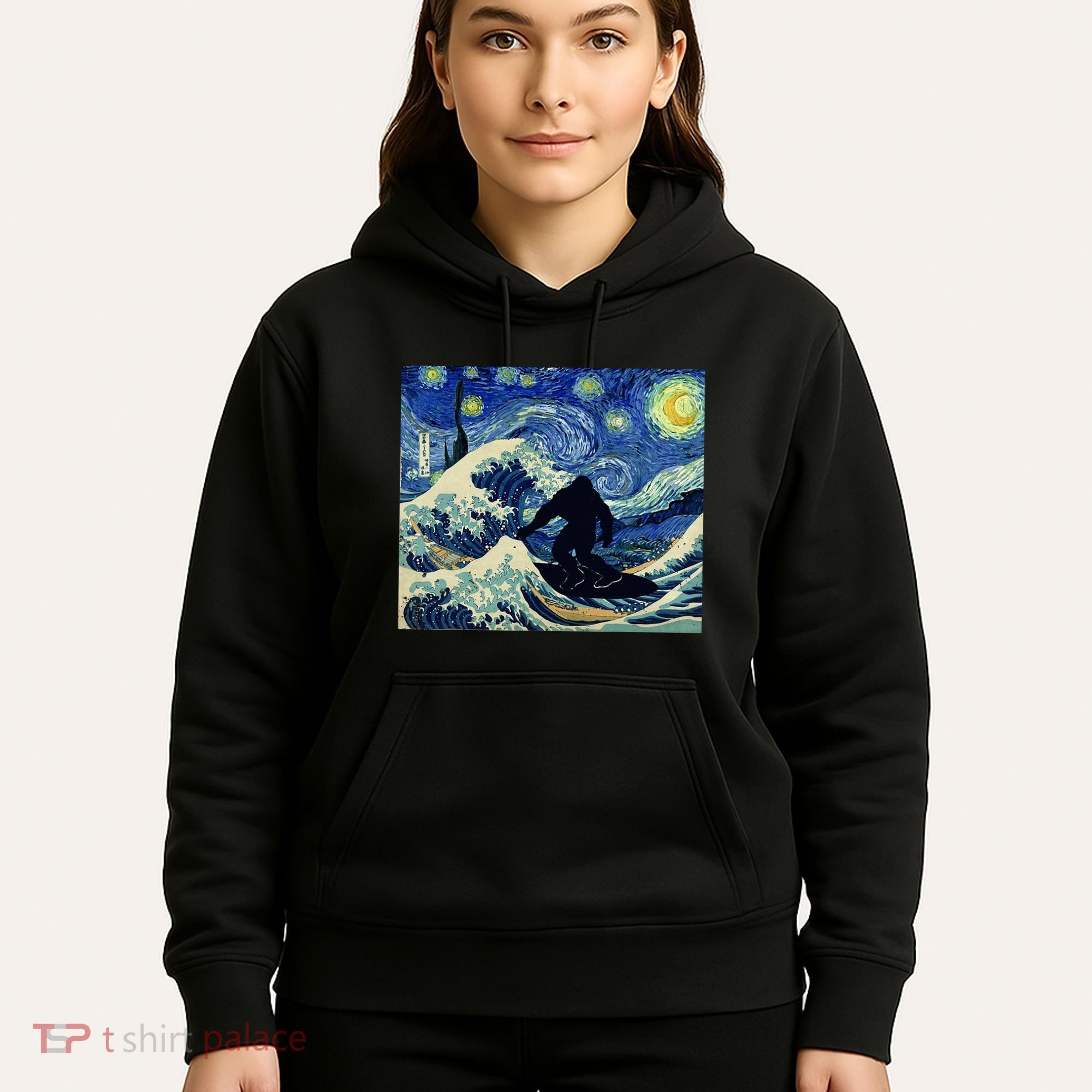 Starry Night Bigfoot Surfing Great Wave Off Kanagawa Hoodie