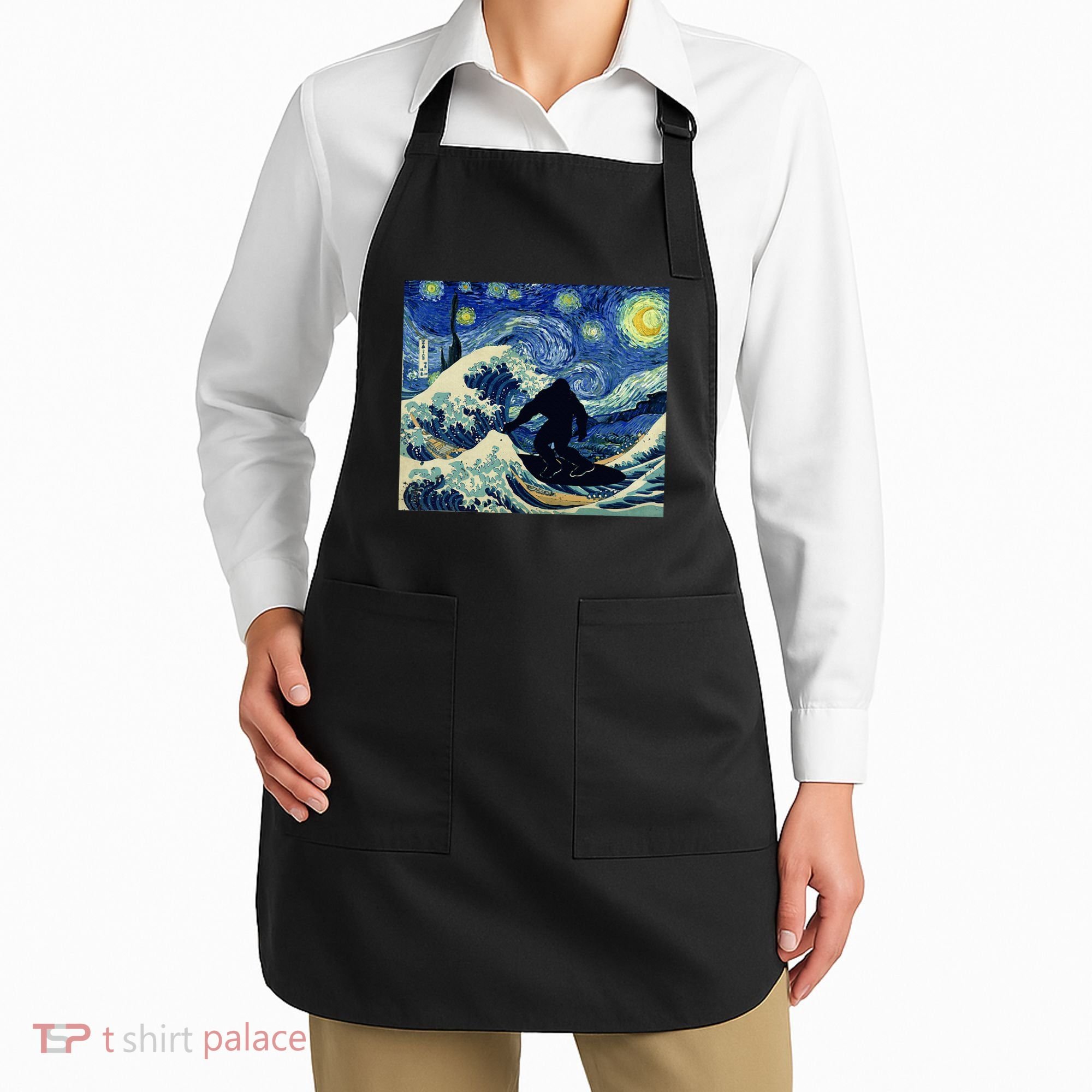 Starry Night Bigfoot Surfing Great Wave Off Kanagawa Apron