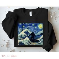 Starry Night Bigfoot Surfing Great Wave Off Kanagawa Sweatshirt thumb 2