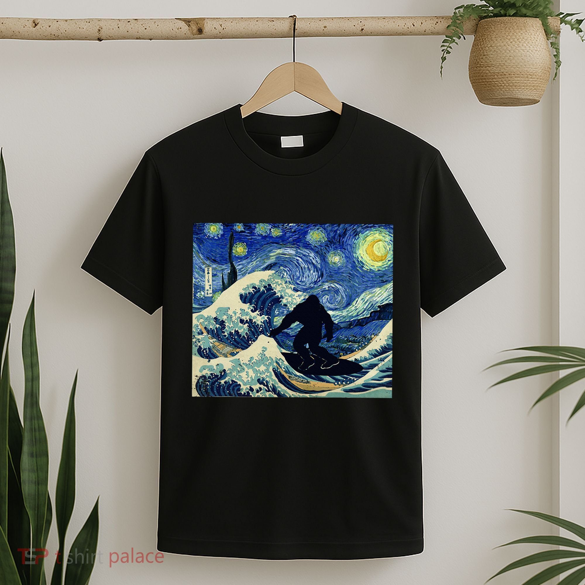 Starry Night Bigfoot Surfing Great Wave Off Kanagawa T-Shirt
