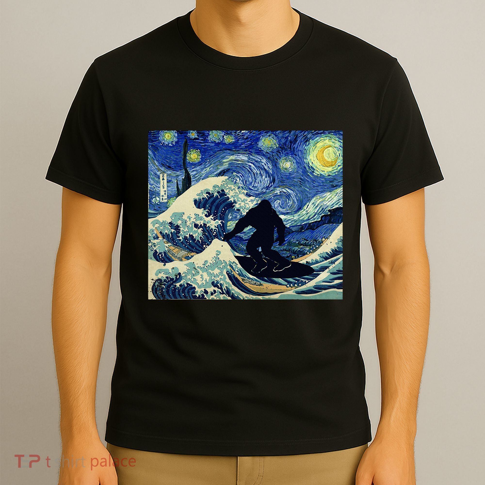 Starry Night Bigfoot Surfing Great Wave Off Kanagawa T-Shirt