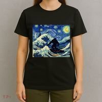Starry Night Bigfoot Surfing Great Wave Off Kanagawa T-Shirt thumb 4