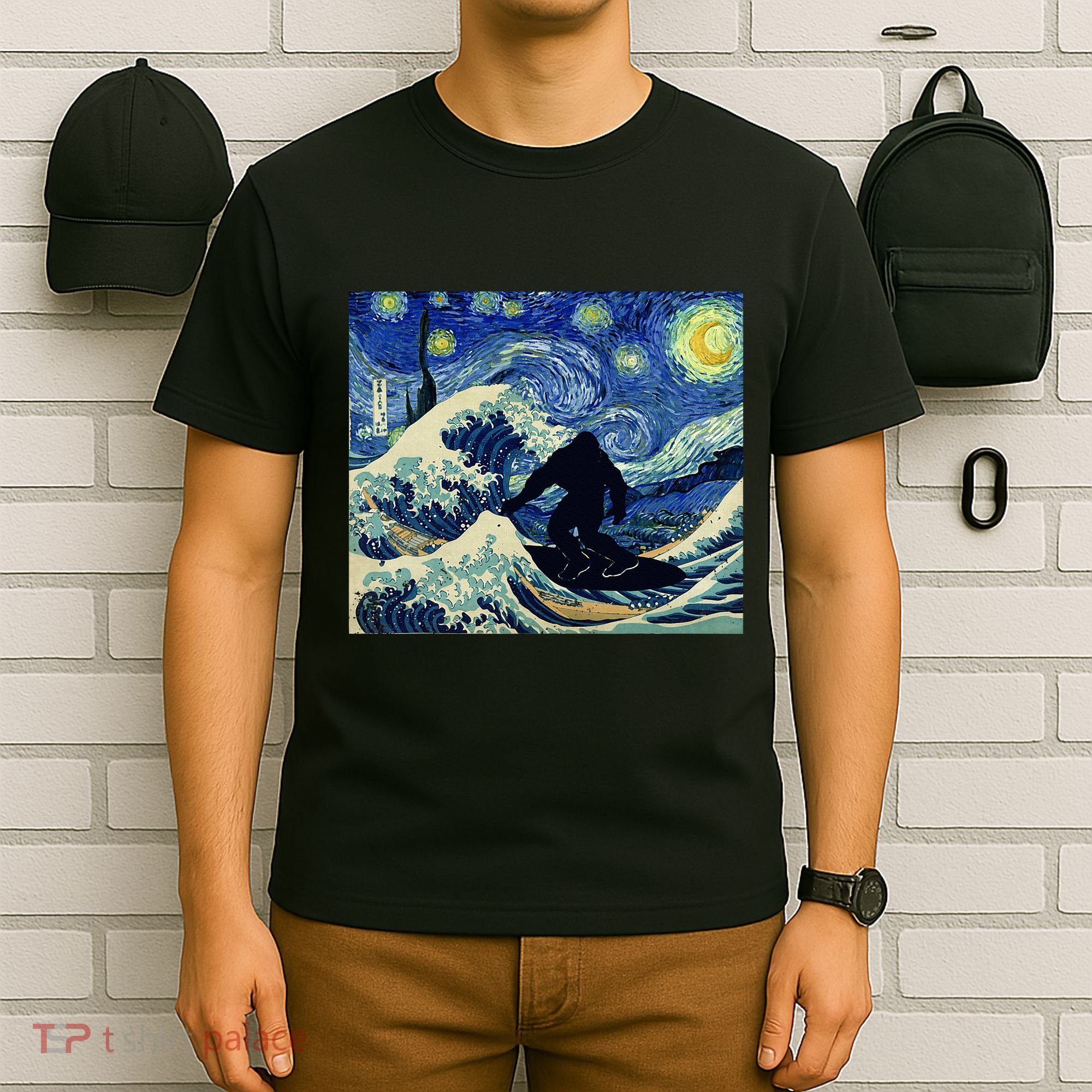 Starry Night Bigfoot Surfing Great Wave Off Kanagawa T-Shirt