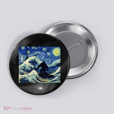 Starry Night Bigfoot Surfing Great Wave Off Kanagawa Button