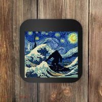 Starry Night Bigfoot Surfing Great Wave Off Kanagawa Coaster thumb 0