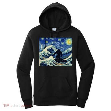 Starry Night Bigfoot Surfing Great Wave Off Kanagawa Women's Hoodie