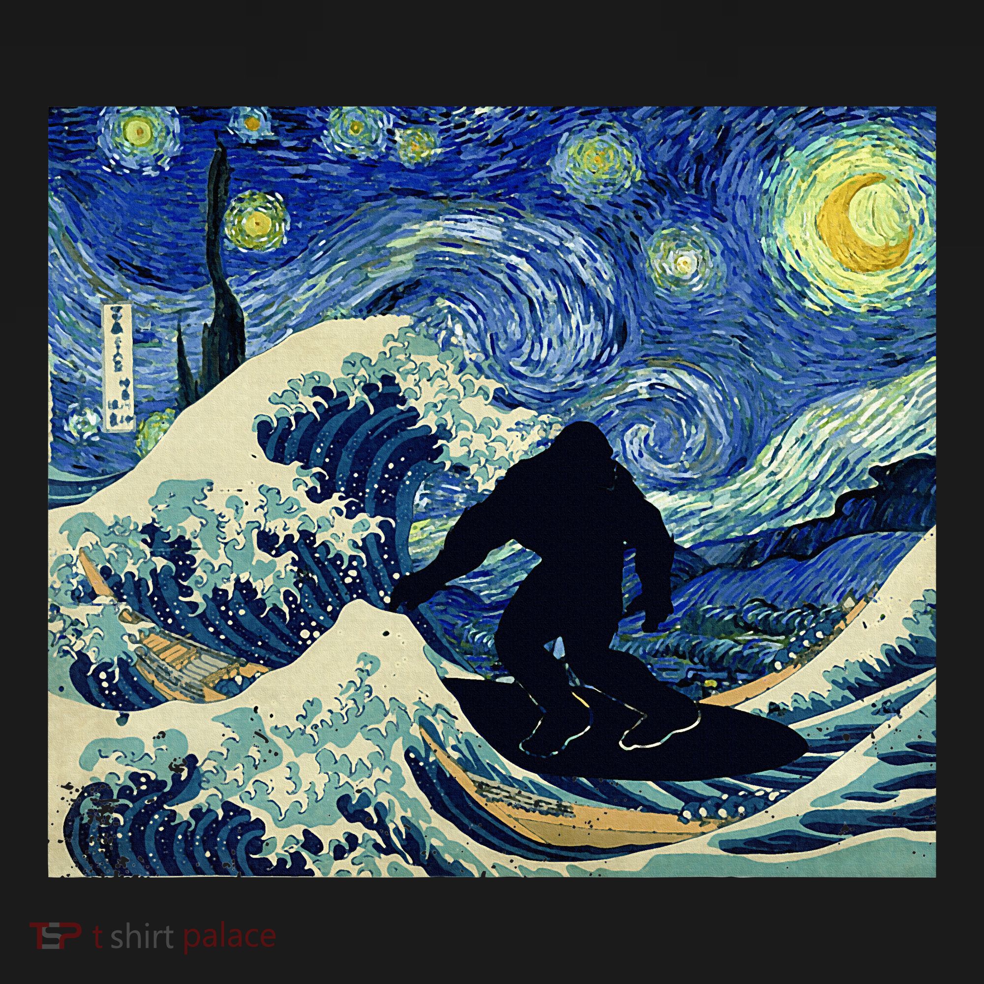 Starry Night Bigfoot Surfing Great Wave Off Kanagawa Women's Hoodie