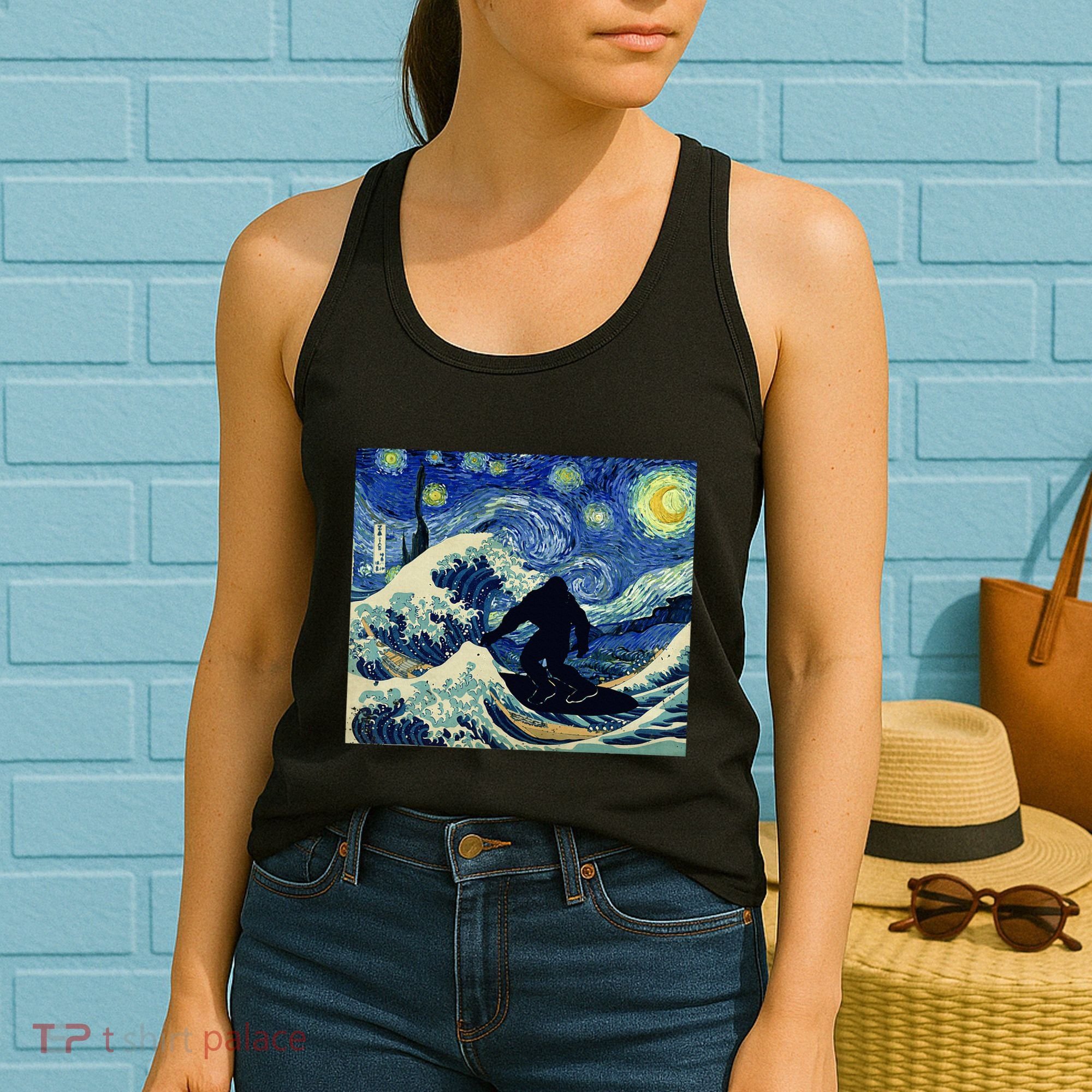 Starry Night Bigfoot Surfing Great Wave Off Kanagawa Women's Tank Top