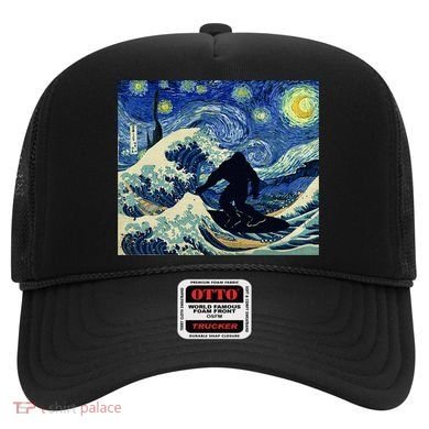 Starry Night Bigfoot Surfing Great Wave Off Kanagawa Hat