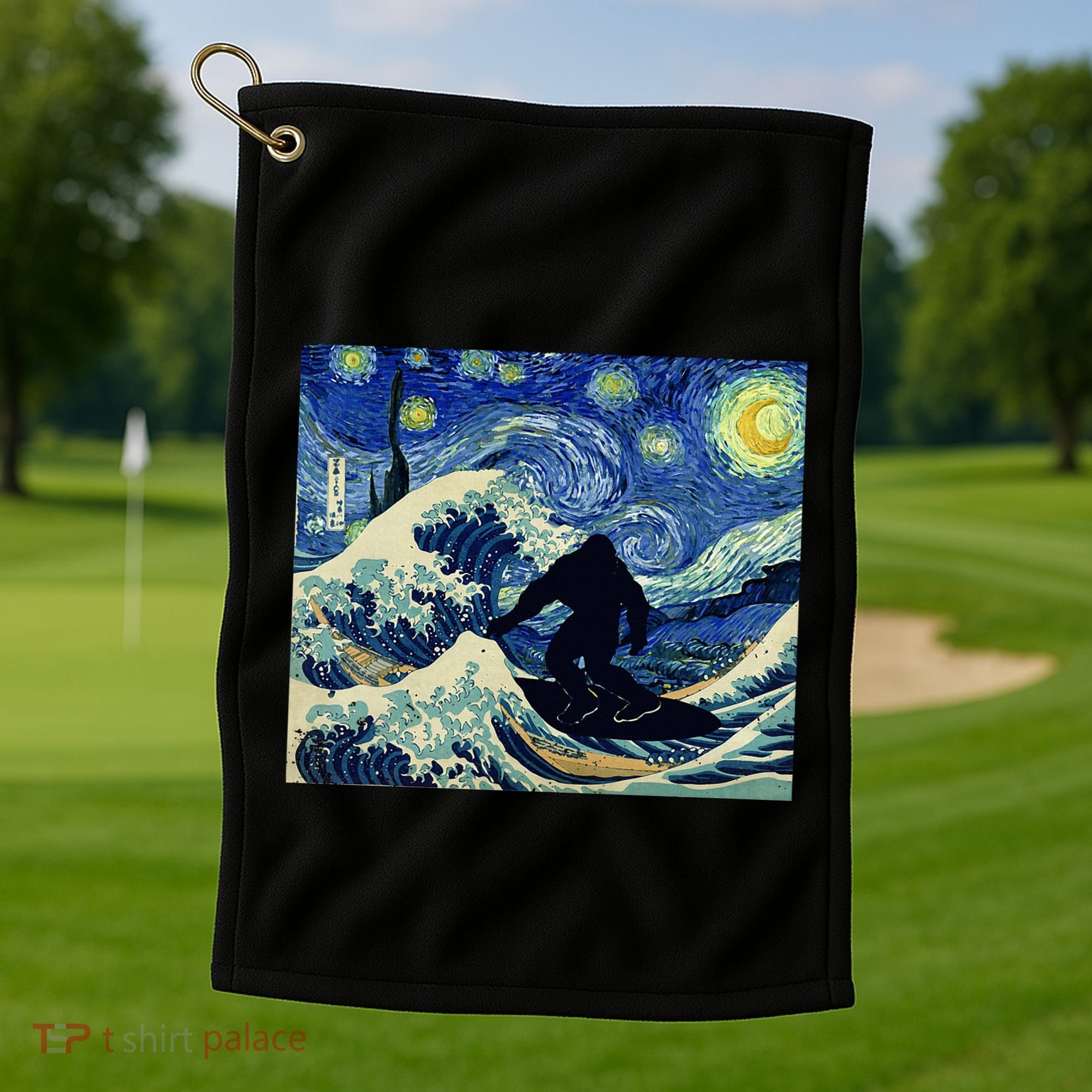 Starry Night Bigfoot Surfing Great Wave Off Kanagawa Golf Towel