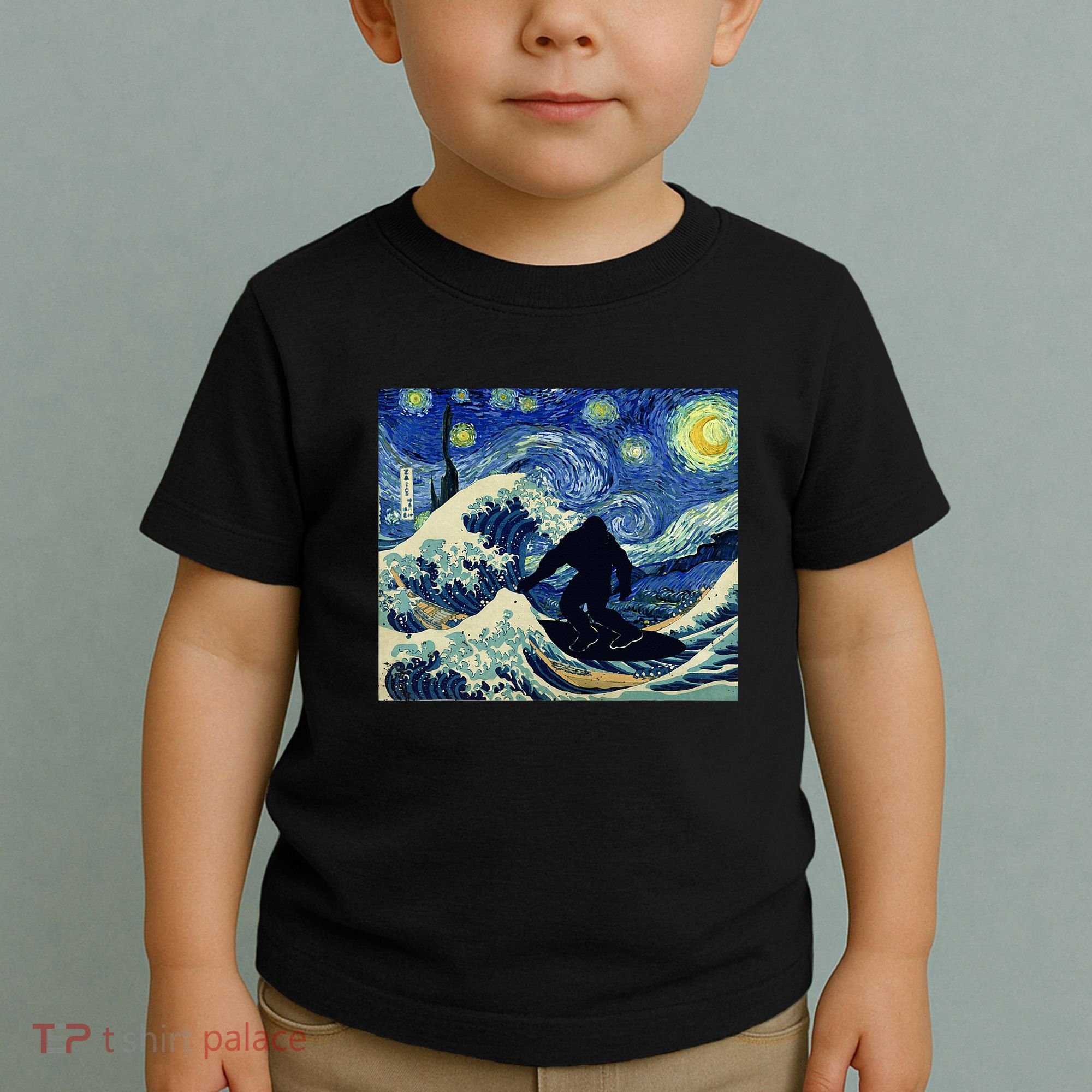 Starry Night Bigfoot Surfing Great Wave Off Kanagawa Toddler T-Shirt