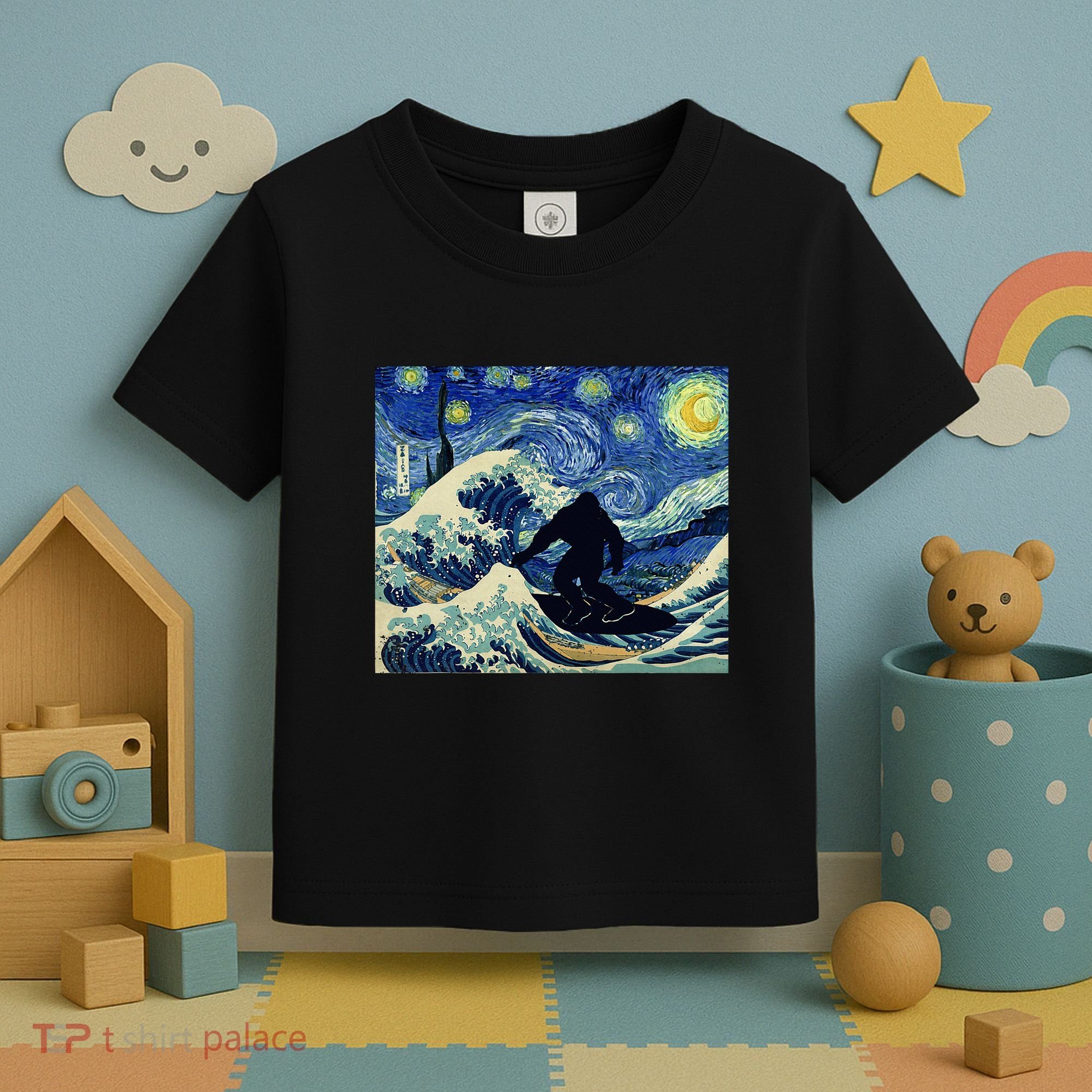 Starry Night Bigfoot Surfing Great Wave Off Kanagawa Toddler T-Shirt