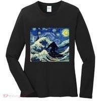 Starry Night Bigfoot Surfing Great Wave Off Kanagawa Women's Long Sleeve Shirt thumb 0